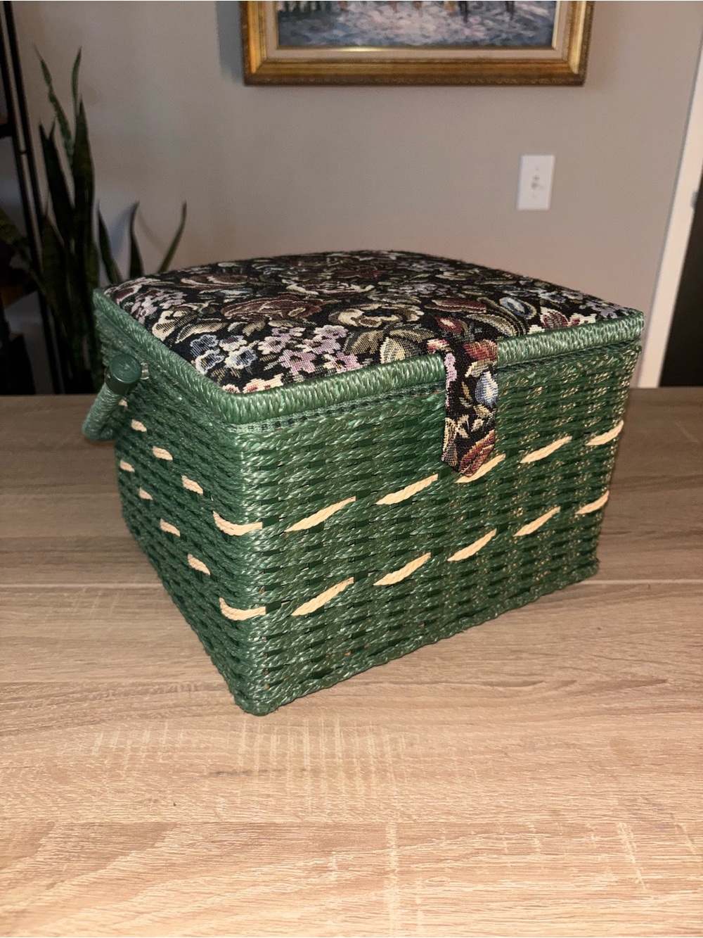 Vintage Green Woven Sewing Basket with Tapestry Floral Fabric Lid & 50+ Notions